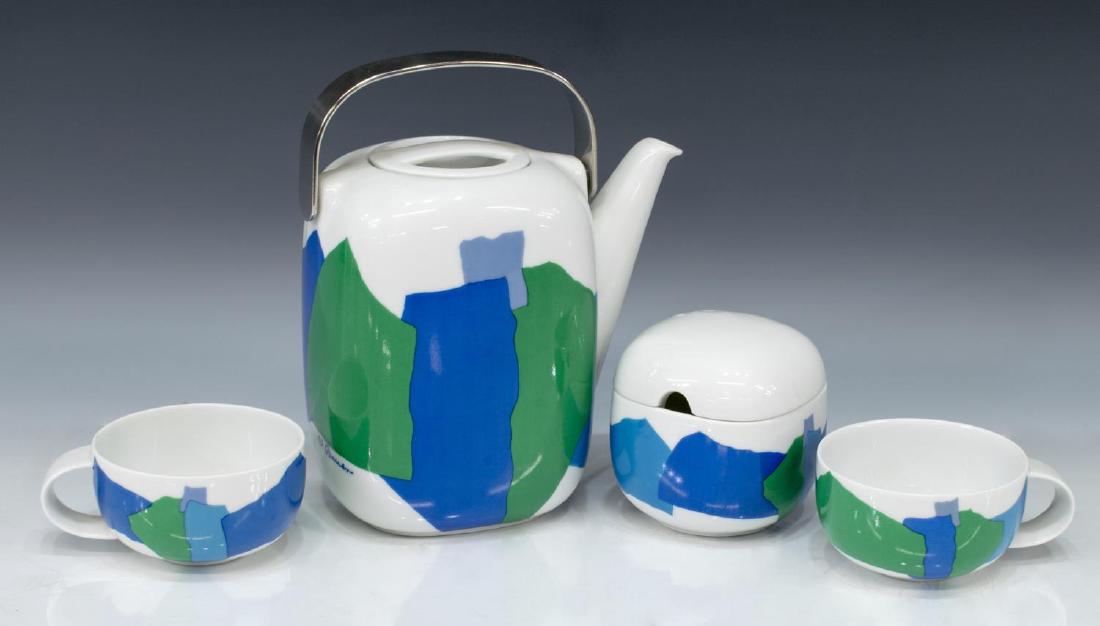 (4) ROSENTHAL STUDIO LINE 'SUOMI' W. BAUER TEA SET: (lot of 4) Rosenthal Studio Line "Suomi" modern porcelain dessert set, line designed by Timo Sarpaneva, original blue and green mosaic design by Wolf Bauer, c. 1976, including: (1) teapot, with metal