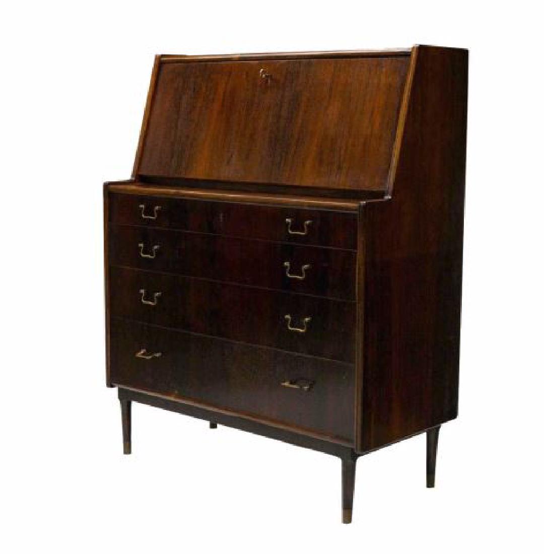 DANISH MID-CENTURY MODERN BUREAU: Danish mid-century modern rosewood finish bureau, 1950s, having a drop slant front opening to a writing surface and gallery with four small drawers all over four lower exterior drawers, rising on tape