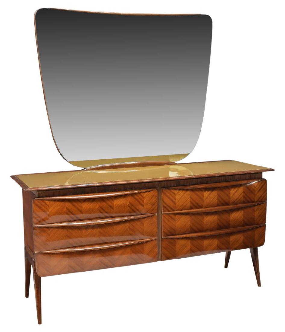 ICO PARISI (ATTRIB) ITALIAN MOD. COMMODE & MIRROR: Mid-century modern commode and mirror, Italy, c. 1950, in the manner of Ico Parisi (Italy, 1916-1996), having shaped mirror, over commode with glass top, fitted with six drawers, rising on tapered bra