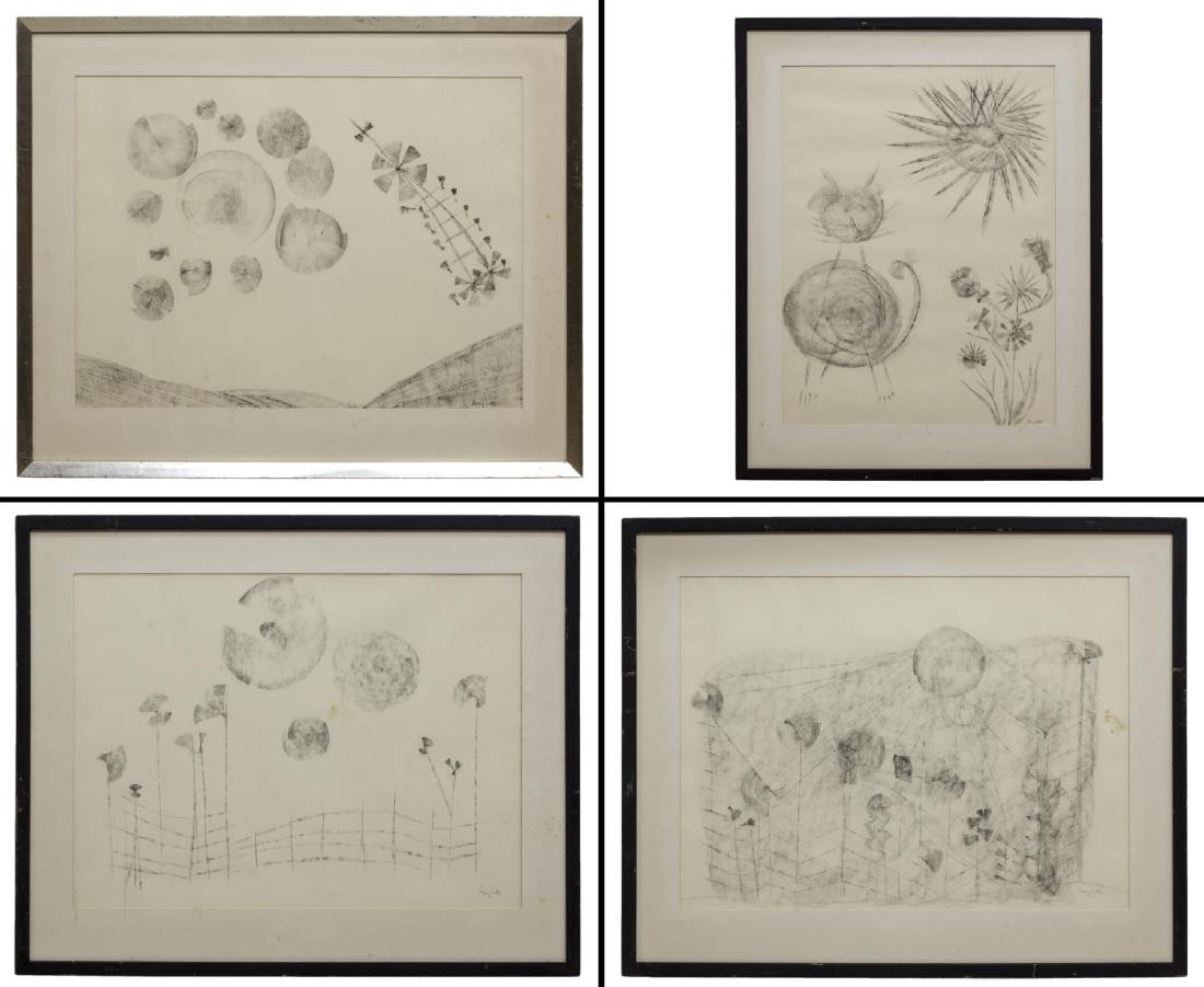 (4) AMY FREEMAN LEE (1914-2004) FRAMED DRAWINGS: (lot of 4) Framed crayon drawings, each signed lower right Amy Lee (Amy Freeman Lee, Texas, 1914-2004): (1) "It's Crowded Up There"; (1) "A Place Where Man Has Been"; (1) "Cat Can Find a Fish"; (1) "E