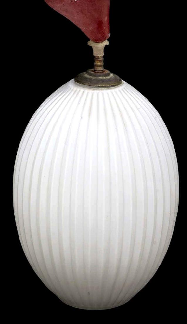 ITALIAN MID-CENTURY MODERN PENDANT HANGING LIGHT: Mid-century modern hanging light, Italy, c. 1960, having red metal ceiling cap, with fluted white glass pendant, in need of wiring, approx 19"h Start Price: $80.00