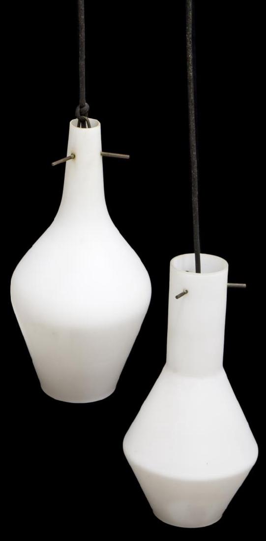 MID-CENTURY MODERN TWO PENDANT HANGING LIGHT: Mid-century modern hanging light, Italy c. 1960, having two white glass pendants, in need of wiring, approx 39"h Start Price: $60.00
