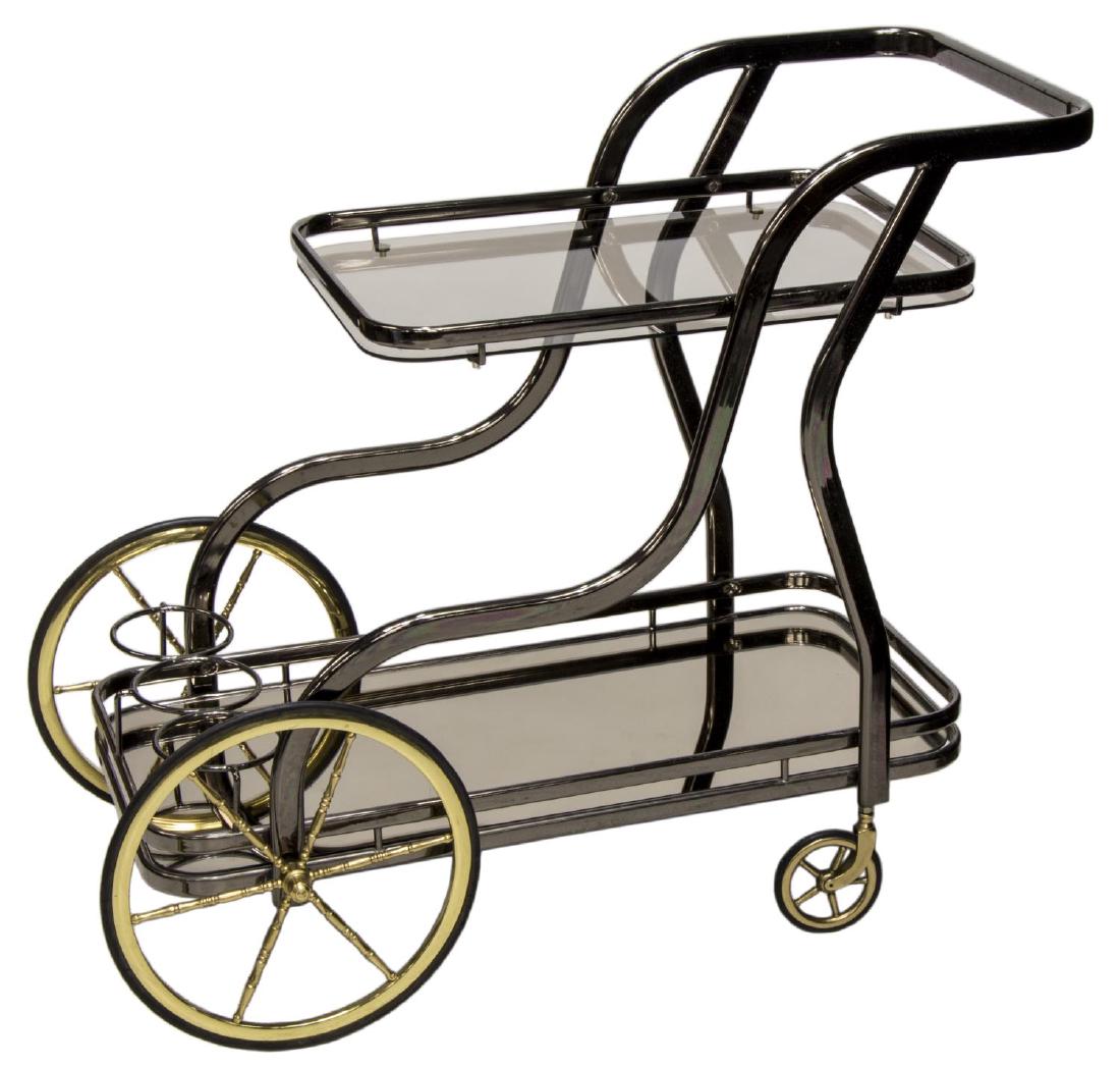 ITALIAN METAL AND GLASS MODERN SERVICE CART: Italian modern metal and glass service cart, c. 1970s, dark chromed steel frame enclosing two tier serving surfaces, one glass, one mirrored, three bottle holders to bottom tier, two large gilt metal