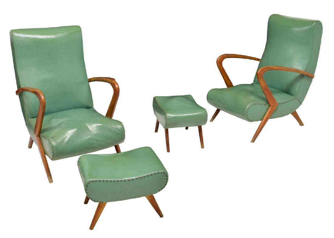 (4) ITALIAN MODERN DESIGN ARMCHAIRS & FOOT STOOLS: (4 pieces) Italian modern organic design seating, c. 1950, including: (2) armchairs, wooden frames, with stylized arms, green vinyl upholstery, all rising on tapered legs, approx 36.5"h, 24"w, 30"d; (