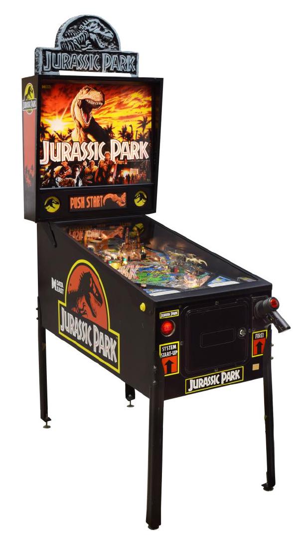 JURASSIC PARK PINBALL MACHINE, OPERATING: Jurassic Park pinball machine, by Data East Pinball Inc., c. 1993, logo carved crest over lighted back glass, having LED information board and speakers, movie themed interior, instructions under glass