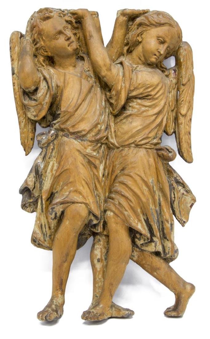 ANTIQUE ARCHITECUTRAL ELEMENT, WINGED ANGELS: Antique carved wood wall hanging architectural element, two standing winged angels, remnants of painted finish, hanging screw to back, some restorations, approx 19.5"h, 11.5"w, 4.5lbs Start Price: $15