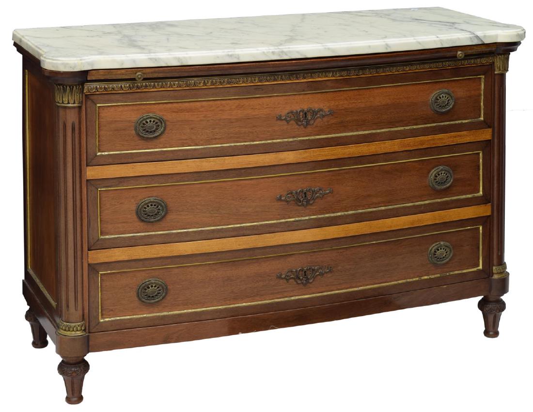 FRENCH EMPIRE STYLE MARBLE TOP COMMODE: French Empire style commode, 20th c., shaped grey marble top, over sliding writing surface, with orange leather, over three drawers, having metal laurel wreath and pierced flower pulls and floral meta