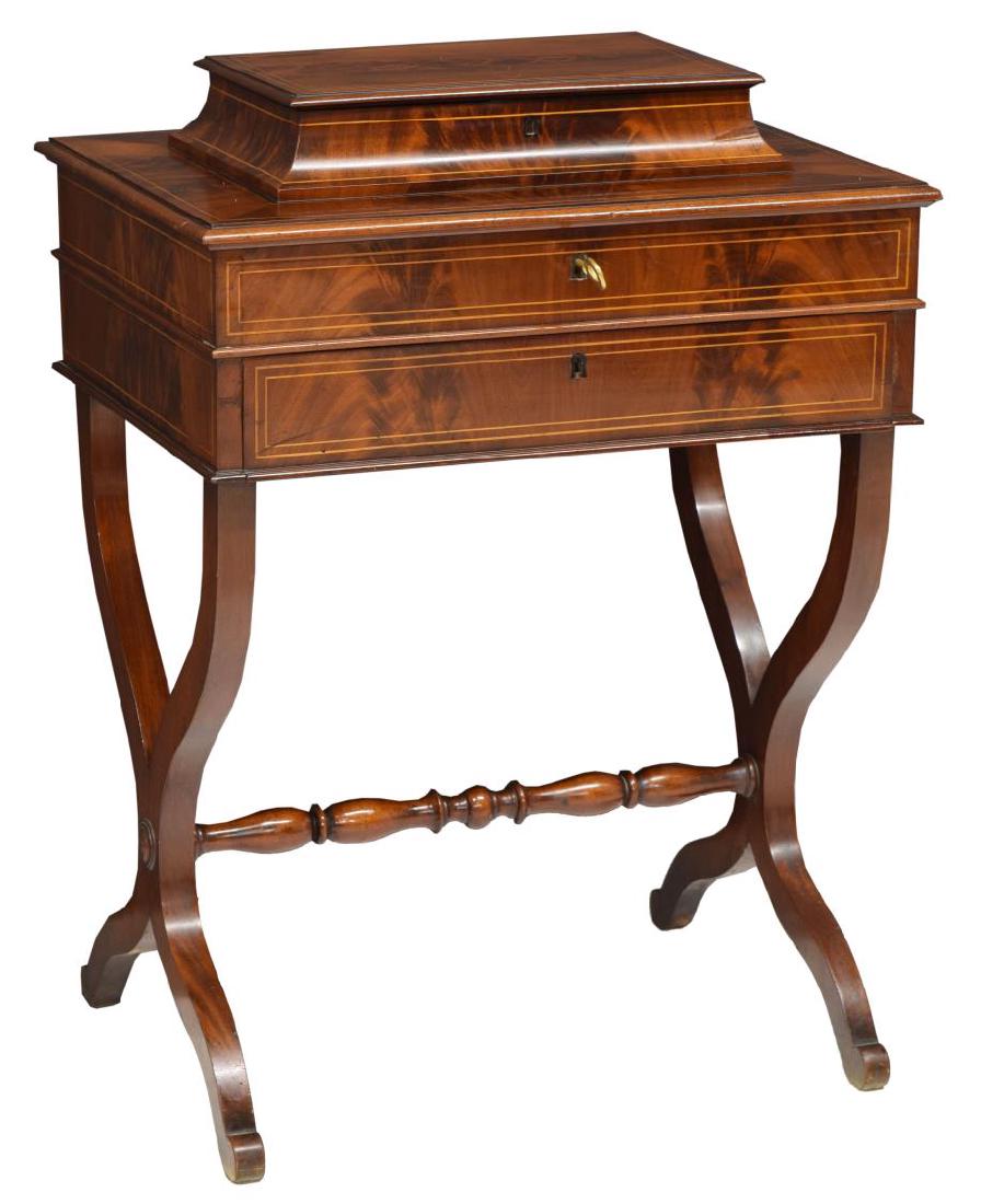 FRENCH CHARLES X MAHOGANY WORK TABLE: Charles X mahogany work table, France, 19th c., a dimunitive box with hinge lid rests on the larger hinged top lifting open to divided storage, all above a single frieze drawer, rising on shaped X for