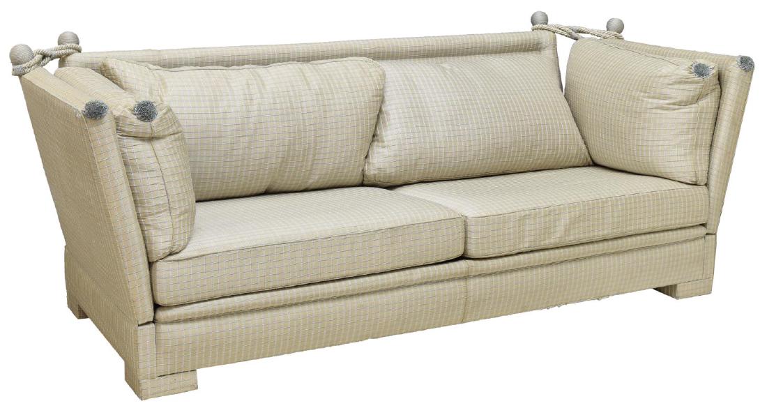 VINTAGE FRENCH UPHOLSTERED DAYBED SOFA, PARIS: Vintage French Knole style sofa daybed, 20th c., design by Schwartz Paris, upholstered frame, four removable cushions, upholstery beige ground with blue and white checkered pattern, pom pom accents, r