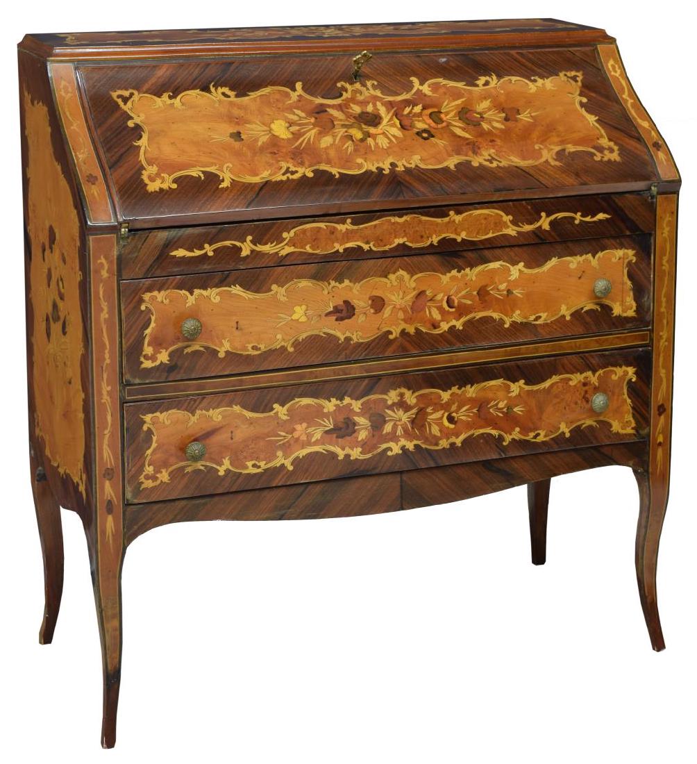 ITALIAN DESIGN FLORAL FOLIATE MARQUETRY SECRETARY: Italian inlaid secretary, 20th c., with extensive scrolling foliate and floral marquetry, having a fall front desk, over two drawers, rising on taped legs, some areas of veneer loss, approx 38"h, 35.5