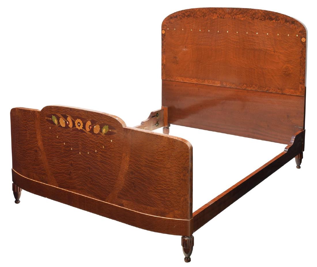 FRENCH ART DECO MARQUETRY BURLWOOD BED: Art Deco bed, France, c. 1930, having burlwood head and footboards, headboard with inlaid mother of pearl, footboard exterior with polychrome floral marquetry and corresponding mother of pearl inlay, 