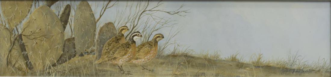 ROBERT QUILL JOHNSON (1927-1980) CACTUS & QUAIL: Framed watercolor on art board, Cactus & Three Quail, signed lower right Robert Quill Johnson (Texas, 1927-1980), sight: 5.5"h, 23.25"w, overall: 10.5"h, 28.5"w, 3.5lbs Start Price: $400.00