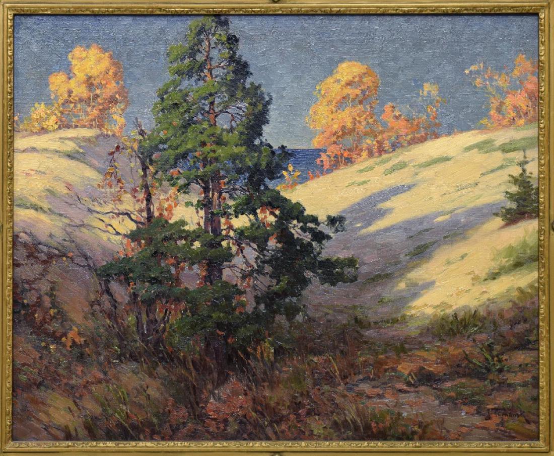 JOSEPH TOMANEK (1889-1974), HILLSIDE LANDSCAPE: Framed oil painting on canvas, Hillside Landscape, signed lower right J.Tomanek (Joseph Tomanek, Czech, Illinois, 1889-1974), sight: 24.5"h, 29.5"w, overall: 32.75"h, 37.5"w, 15.75lbs Start Price: $60