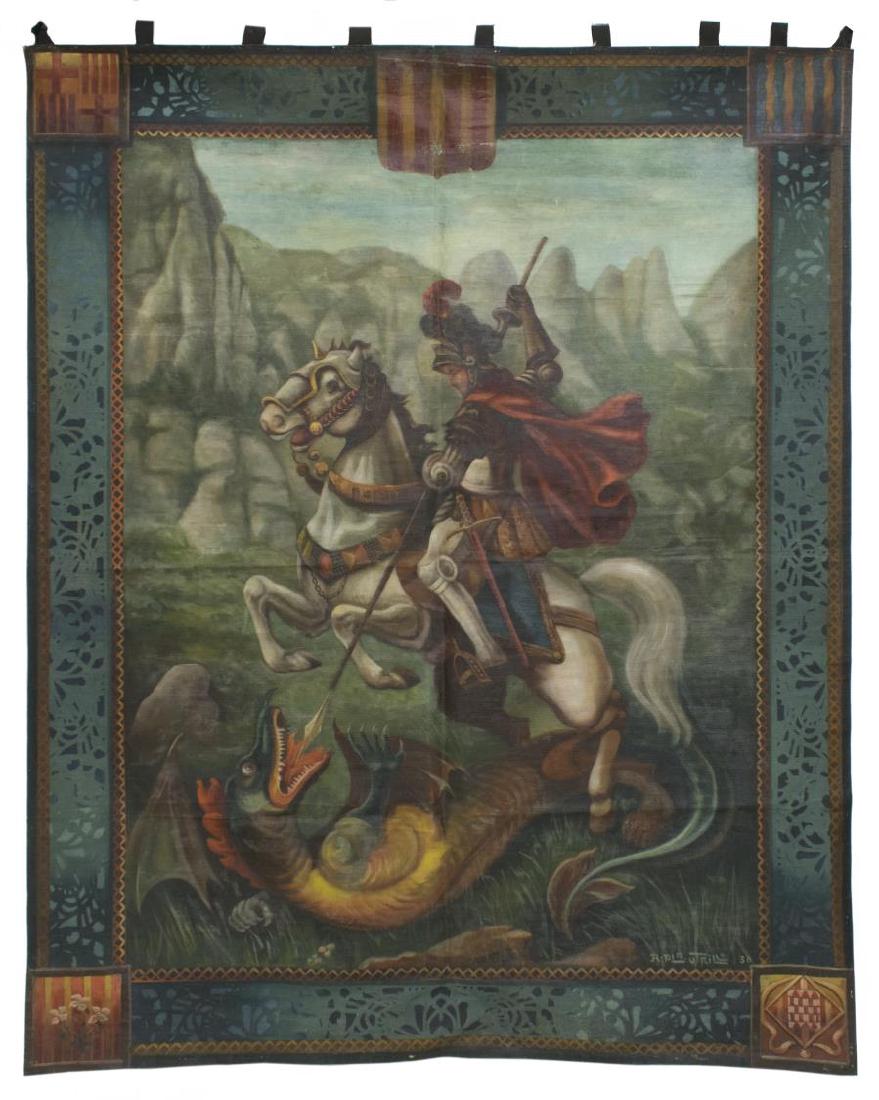 SIGNED PAINTED CANVAS TAPESTRY ST. GEORGE & DRAGON: Painted tapestry on canvas, "St. George and the Dragon," dated 1930, signed lower right R. Pla. Utrillo (see pictures), loops at top for hanging, some loss to paint, crease marks from being stored fol