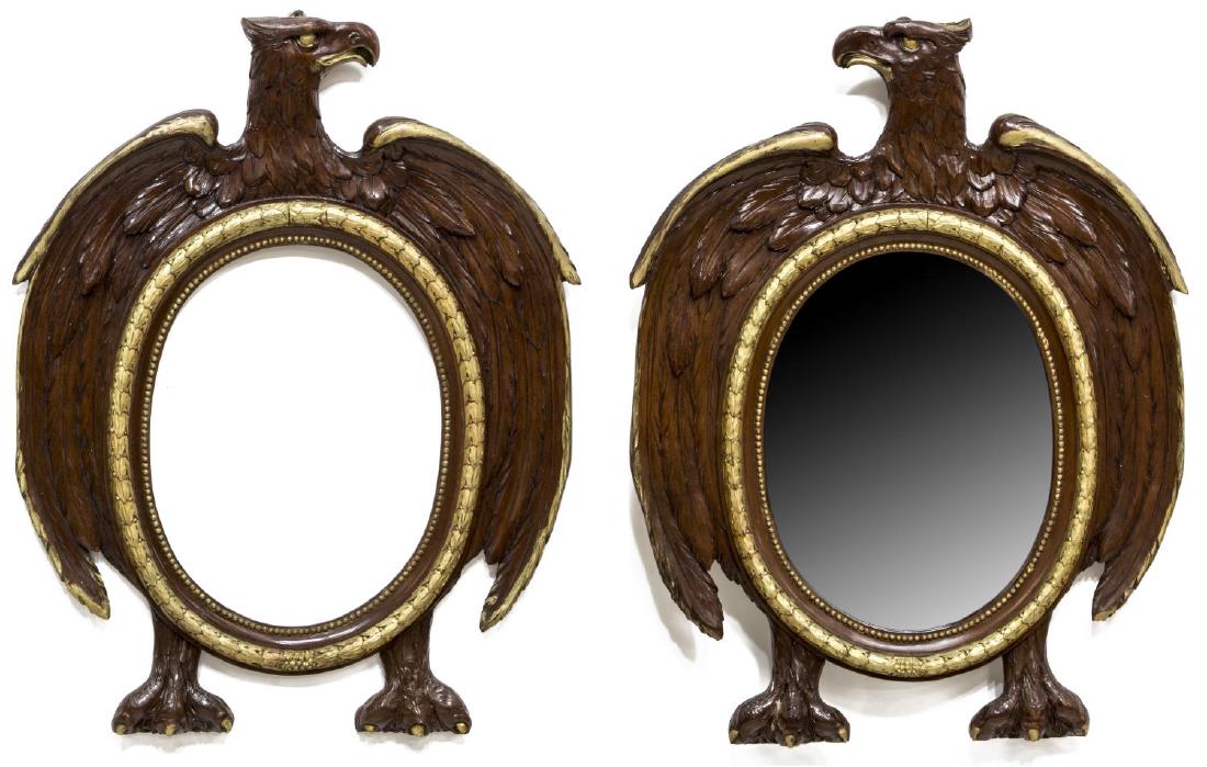 (PAIR) BLACK FOREST STYLE CARVED EAGLE WALL MIRROR: (pair) Black Forest style eagle wall mirror frames, one with oval mirror plate, surrounded by gilt beaded and foliate trim, and carved full body eagle, one lacking mirror, approx 29.5"h, 23.75"w, 12lb