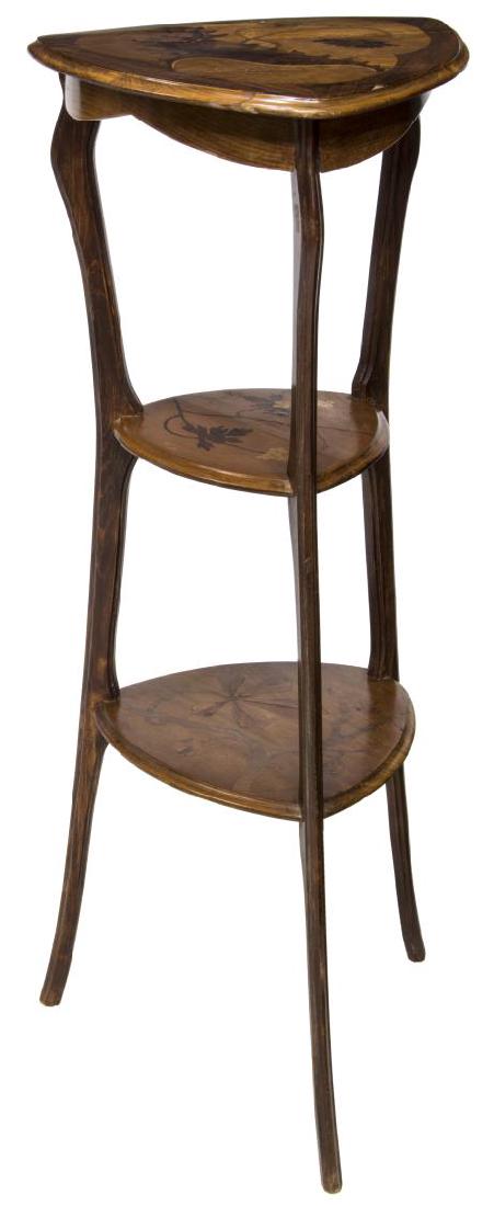 ART NOUVEAU SCHOOL OF NANCY MARQUETRY STAND: Art Nouveau stand/ gueridon table, school of Nancy, c. 1910, various woods, signed 'Guth, Nancy' (Paul Guth, France, 1878-1918), three tiers, with naturalistic marquetry, joined by tapered legs, visib