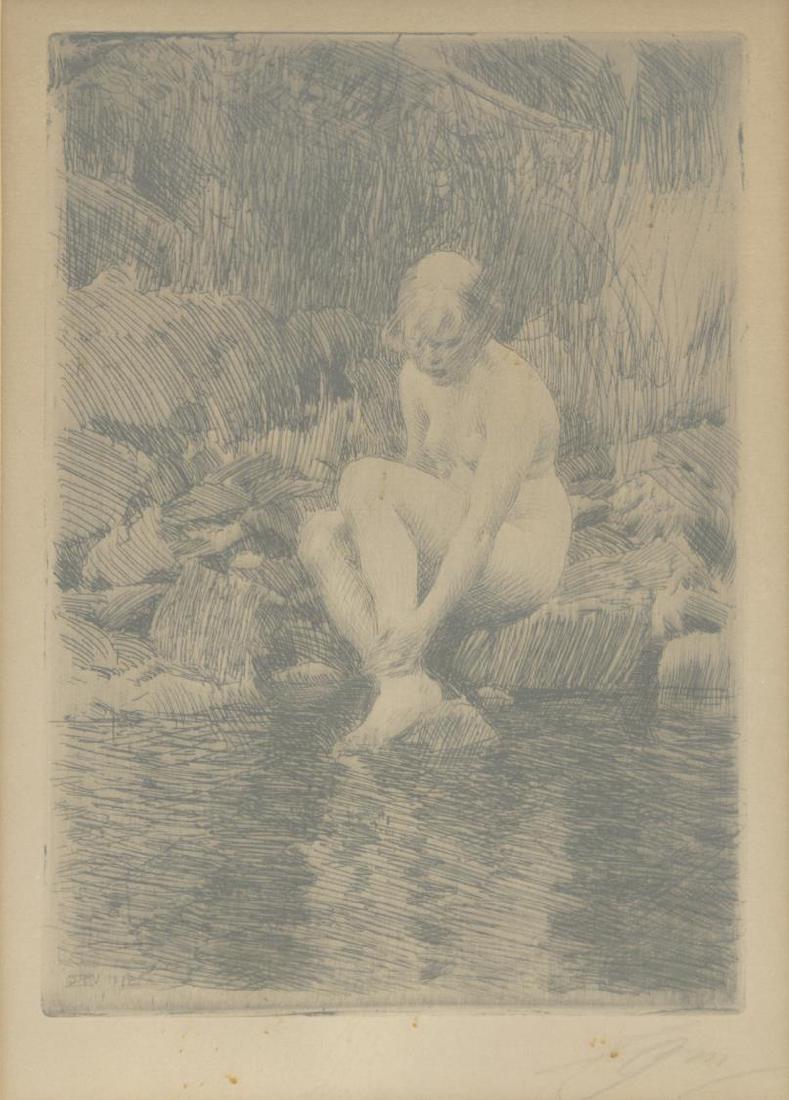 ANDERS ZORN (1860-1920) NUDE "DAGMAR" ETCHING: Framed etching, "Dagmar", a nude girl seated on rocks in front of water, dated 1912, pencil signed and plate signed Zorn (Anders Leonard Zorn, Illinois, Sweden, 1860-1920), sight: 11.25"h, 8"w, overal