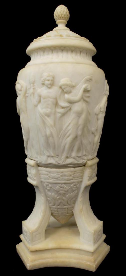 ART DECO FIGURAL URN FORM ALABASTER LAMP: Art Deco lamp, 1920's, a three part lamp, the upper urn form, with relief classical Greek figural scenes, rests on a floral accented cone form with tripod supports and stepped base, in good condition 
