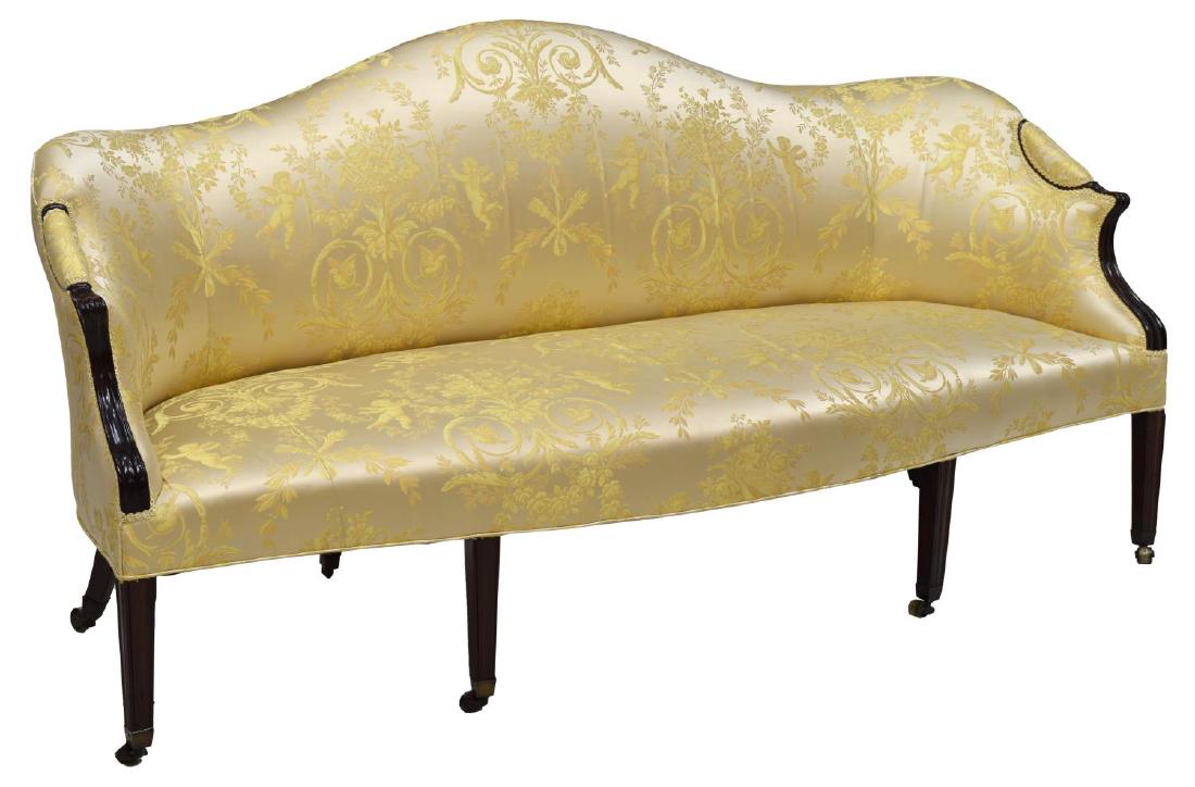 GEORGE III PERIOD RESTORED SOFA, C. 1760: George III period mahogany framed sofa, c. 1760, completely restored and functional including retied springs, imported all silk upholstery, at $420.00 per yard, in yellow, patterned with foliate, putt