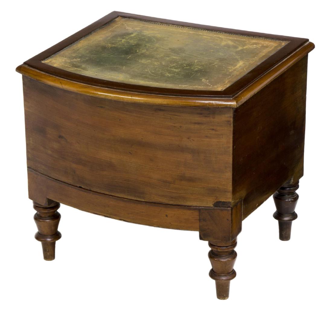 FRENCH LEATHER-TOP BED STEP WITH STORAGE, 19TH C.: Bed step, France, 19th c., having embossed leather top, top step concealing storage, rising on turned legs, wear and patination to leather top, approx 16.5"h, 16.75"w, 18.25"d Start Price: $150.00