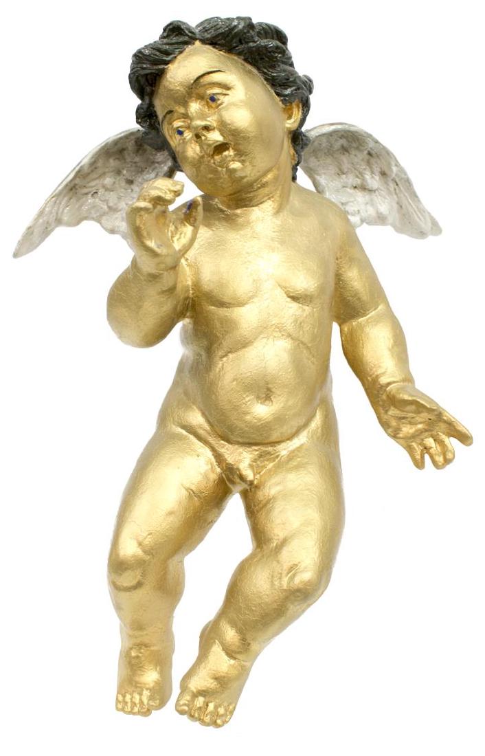 VINTAGE ITALIAN GILDED WALL HANGING CHERUB FIGURE: Vintage Italian wall hanging cherub, cast composition, in an antiqued gilt finish, approx 21"h, 15"l, 5lbs Start Price: $80.00