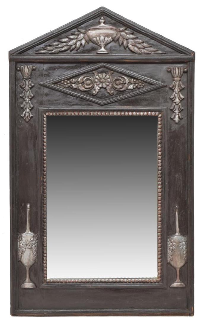 FRENCH EMPIRE STYLE WALL MIRROR: French Empire style mirror, 20th c., rectangular mirror plate, with beaded trim, surrounded by wood frame with ebonized finish, carved urns and foliates, approx 59"h, 34.25"w, 65lbs Start Price: $150.