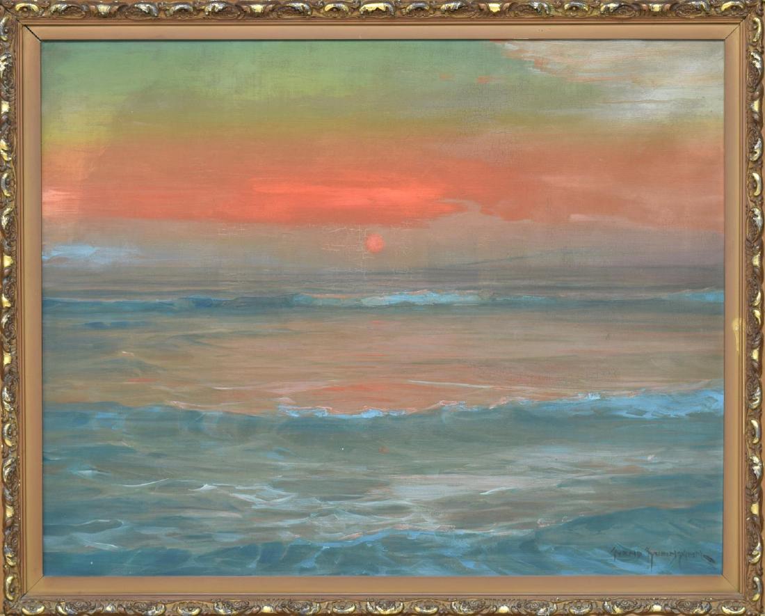 SVNED SVENDSEN (1864-1945) MARINE SUNSET PAINTING: Framed oil painting on canvas, Marine Sunset, signed lower right Svend Svendsen (Svend Rasmussen Svendsen, Illinois, Norway, 1864-1945), pasted to the verso frame are two brief newspaper articles, one