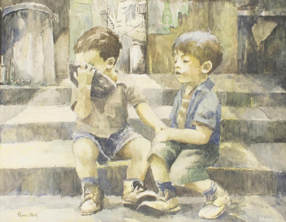 PENNY VICK (1944-2005), WATERCOLOR BEST IN SHOW: Framed watercolor on paper, "Sorrow in the CIty", signed lower left Penny VIck (Penelope Joan Vick Brown, Colorado, Connecticut, 1944-2005), a copy of a newspaper article at the verso, with a photo of