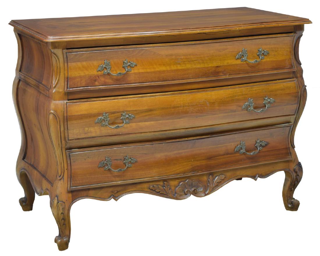 VINTAGE ROCOCO STYLE THREE-DRAWER COMMODE: Rococo style commode, 20th c., having bowed case, fitted with three drawers, over carved and shaped apron, rising on cabriole legs, ending in scroll feet, approx 32.75"h, 44.5"w, 22.75"d Start Price: 