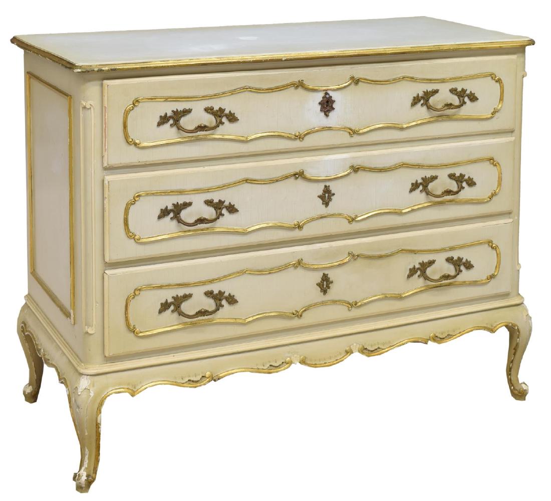 LOUIS XV STYLE PAINTED COMMODE: Louis XV style gilt accented painted commode, 20th c., having three drawers, rising on scroll foot cabriole legs, some paint loss, 35"h, 43.5"w, 21.25"d Start Price: $100.00
