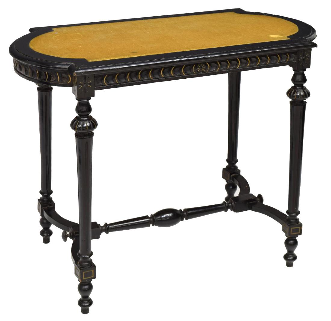 FRENCH LOUIS XVI STYLE CONSOLE TABLE: Louis XVI style console table, France, 20th c., having wood frame with ebonized finish, shaped tabletop, with inset velvet panel, over carved skirt, and fluted columnate legs, joined by a stretcher, a