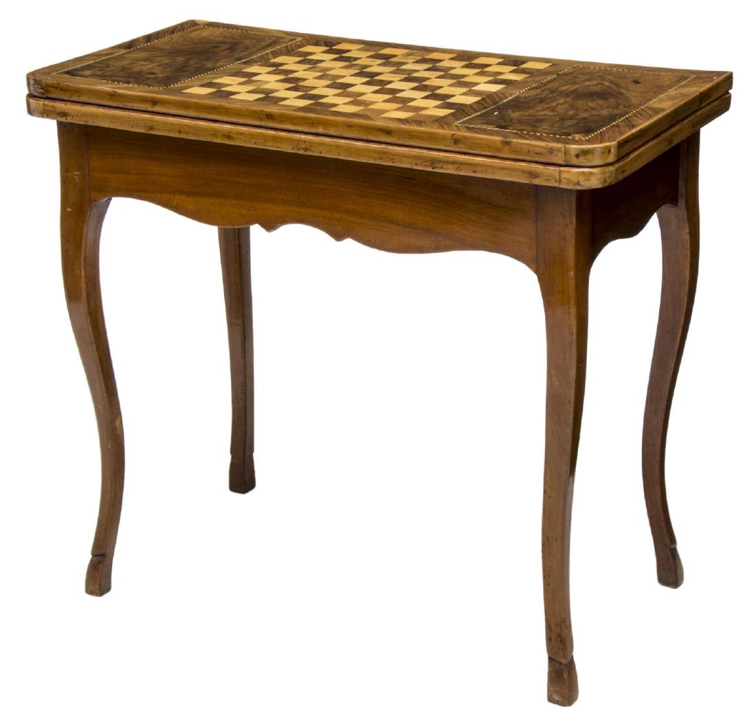 FRENCH GAME TABLE WALNUT FINISH, 19TH C.: French game table, 19th c., walnut finish, top with contrasting inlay checkerboard, flanked by string marquetry, hinged surface opens to fabric gaming surface, rising on four cabriole legs, with hoof 
