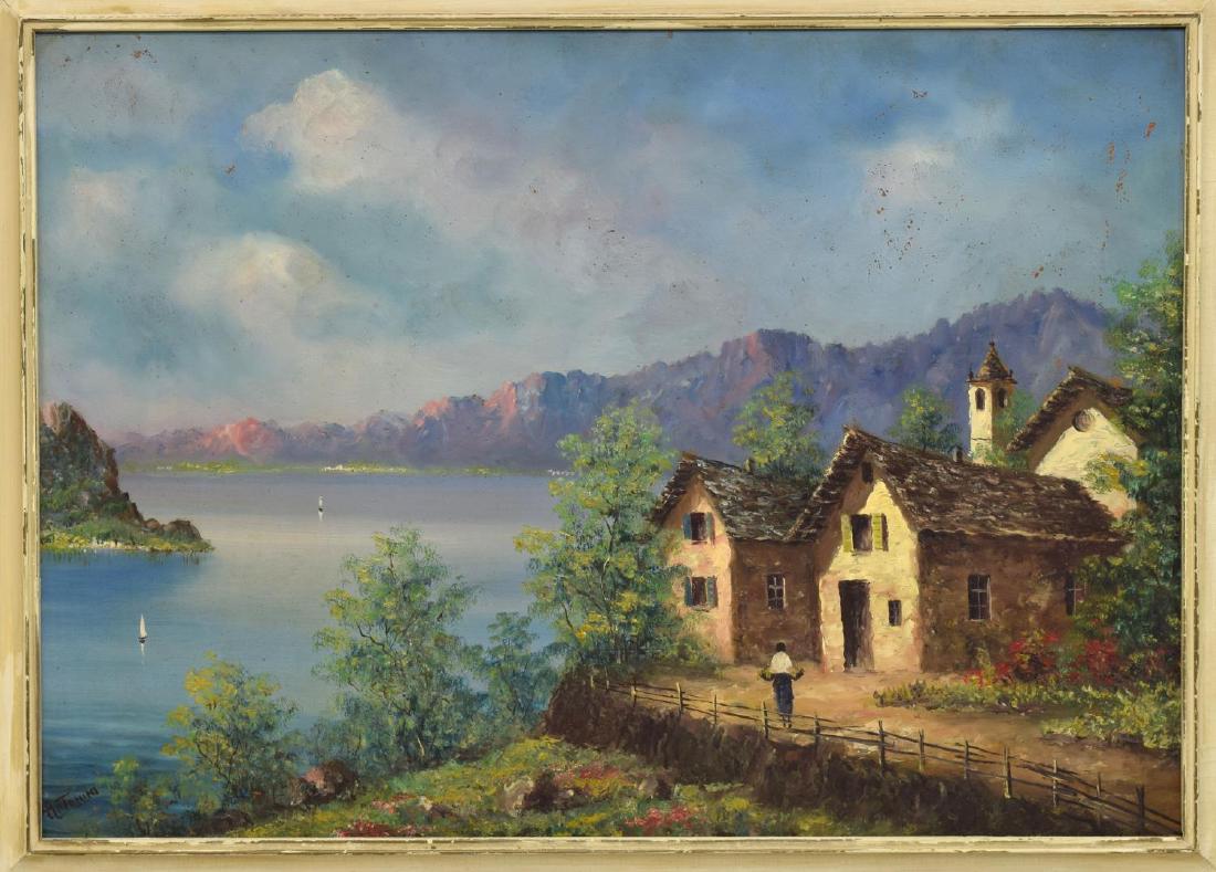 FRAMED OIL PAINTING ON BOARD, SIGNED ANTONINI: Framed oil painting on board, Lacustrine Landscape, signed lower left Antonini, some loss to frame, sight: approx 19"h, 27"w, overall: 27.25"h, 35.25"w, 10lbs Start Price: $80.00