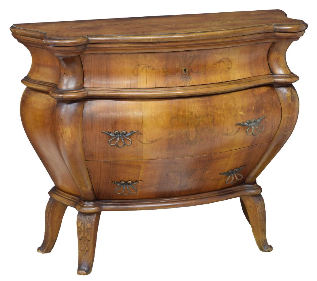 VENETIAN BOMBE THREE DRAWER COMMODE: Venetian bombe three drawer commode, 19th c., rising on cabriole supports, top finish with some rings, 31.5"h, 38.5"w, 15.5"d Start Price: $100.00