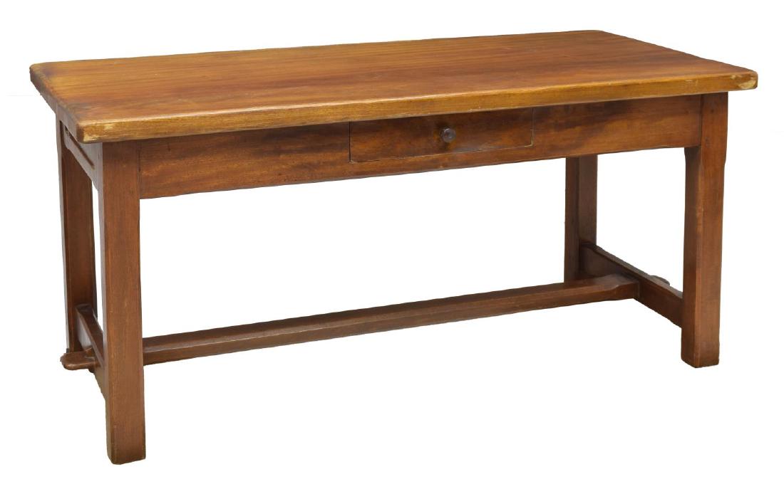 COUNTRY FRENCH MAHOGANY PLANK TOP TABLE: Country French mahogany table, 20th c., a rectangular top, over a base fitted with a drawer to either end and to one side, four square legs joined by a single stretcher, approx 31"h, 65"l, 29.25"w Sta