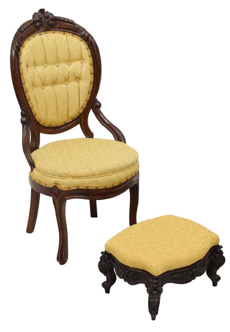 (2) VICTORIAN SLIPPER CHAIR & FOOT STOOL: (lot of 2) Victorian slipper chair early 20th c., a foliate crest fail over gold on gold buttoned back and seat fabric, rising on cabriole legs, 37.5h, 17.5"w, 17"d, accompanied by a foot stool with m