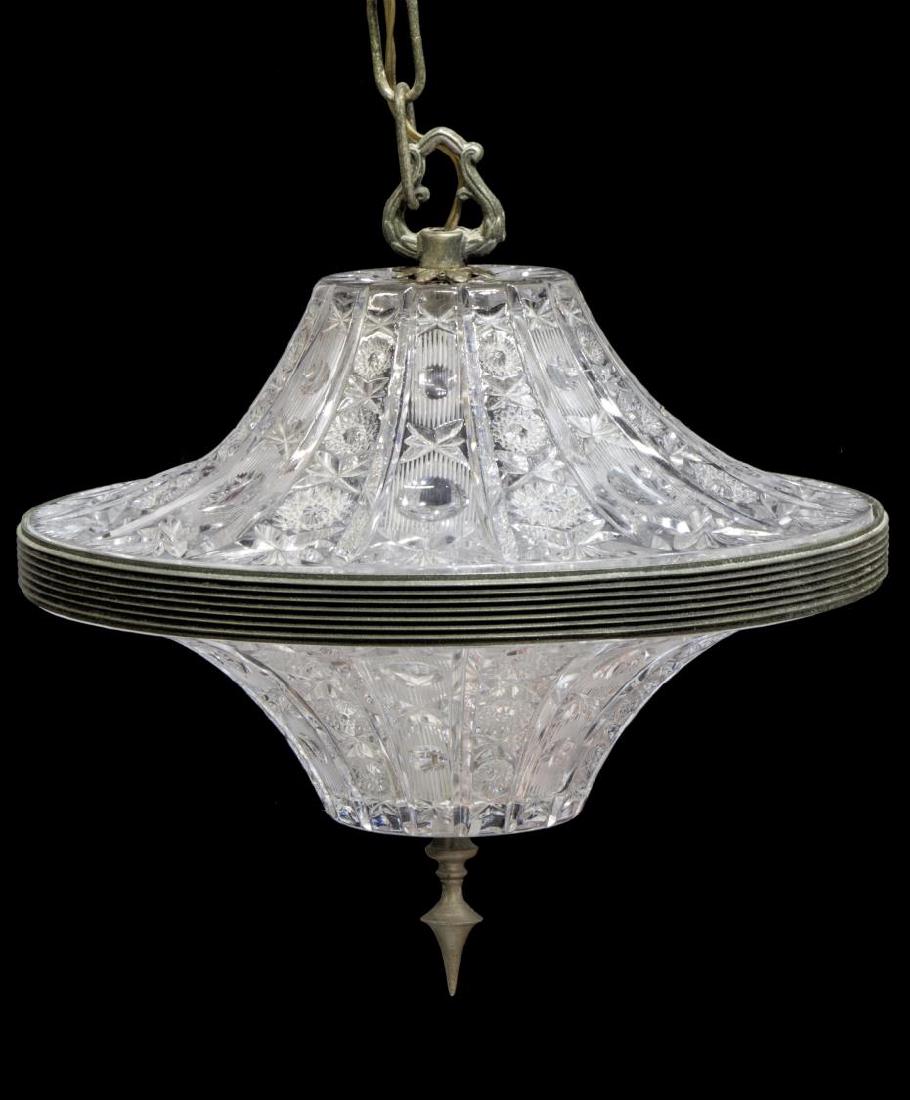 ITALIAN METAL & HOBSTAR GLASS CIELING LIGHT: Italian metal and pressed glass single-light ceiling lamp, hobstar, circle and stylized designs on the glass shade, with metal ring trim, some verde patination to metal, in need of wiring, light only: