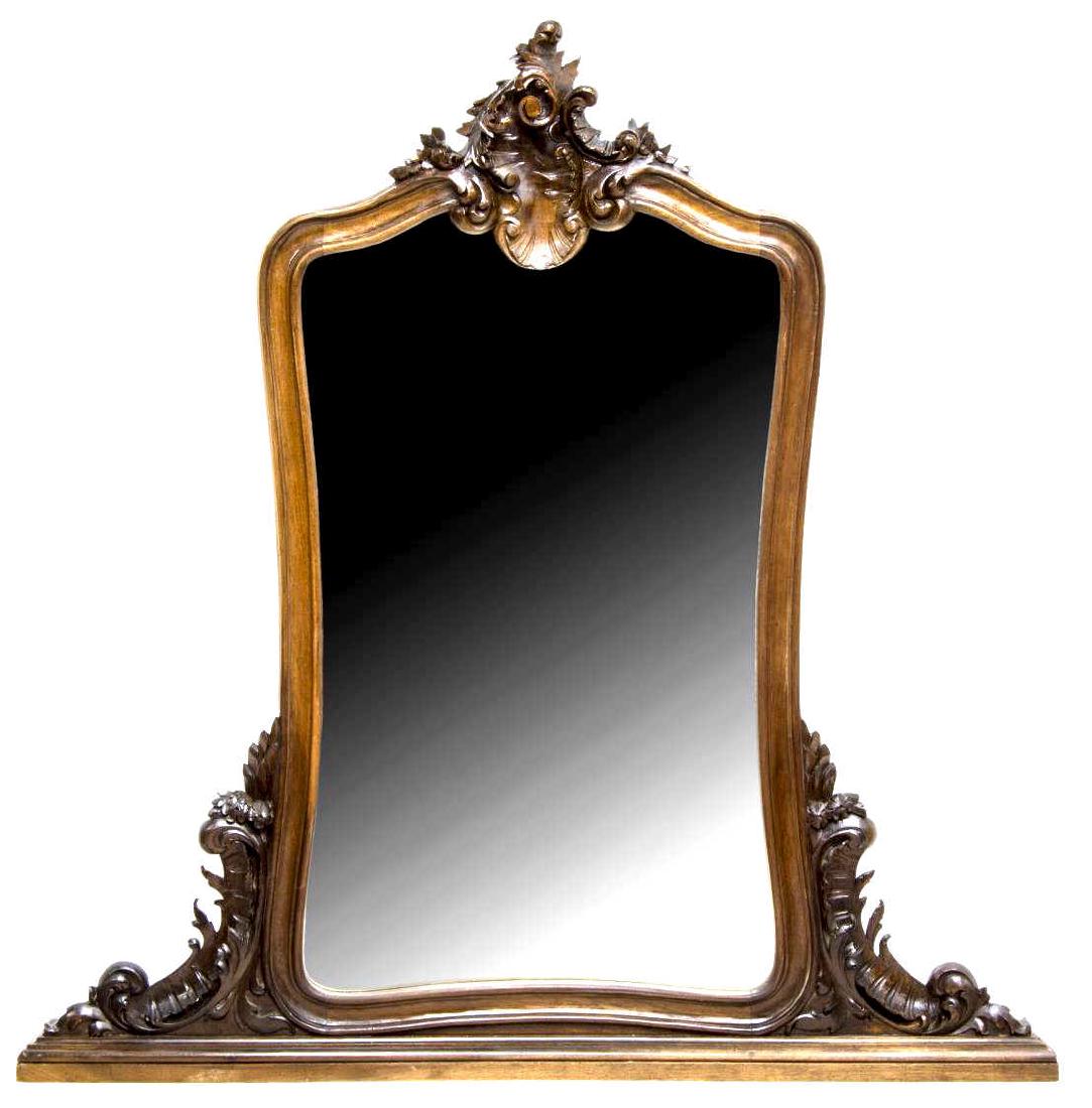 ROCOCO STYLE CARVED WOODEN WALL MIRROR: Rococo style wall mirror, Italian, 19th c., carved foliated crest, above tapered beveled frame, surrounding beveled mirror, foliated scroll accents to bottom, having straight base, wall hook to back, 