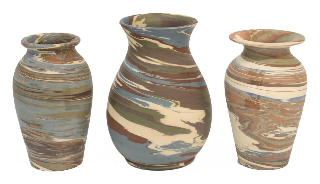 (3) NILOAK MISSIONWARE ART POTTERY SWIRL VASES: (lot of 3) Niloak art pottery vases, Mission Ware, including: (1) wide lip vase, c. 1910-1925, white, brown, red, blue swirled design, stamped on underside Niloak (1st art mark style), slight discolor