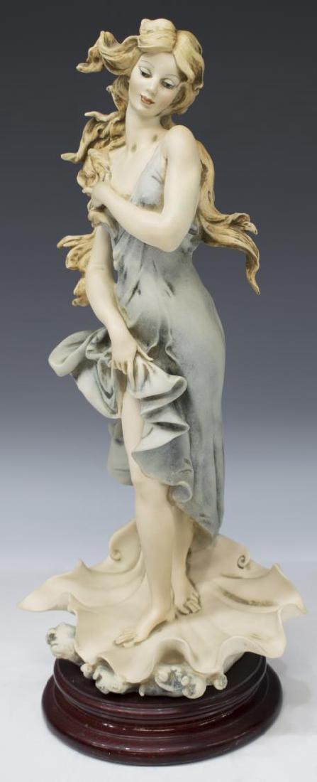 GIUSEPPE ARMANI (1935-2006) 'VENUS' RESIN FIGURE: Painted resin figure, "Venus," Giuseppe Armani (Italy, 1935-2006), stamped G. Armani 1992 Florence on back, on carved wood base, maker's sticker on underside, light scuff on thigh, retaining original 