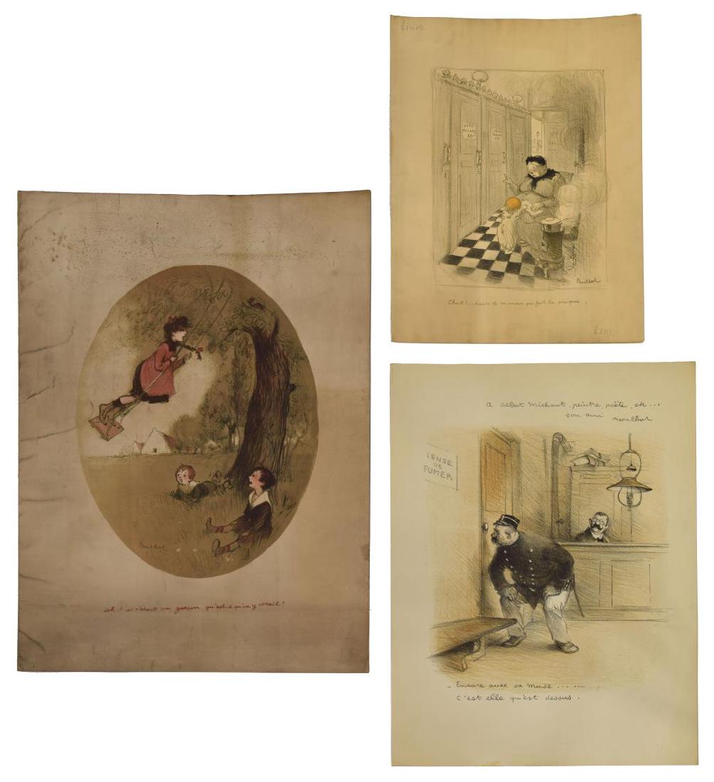 (3) FRENCH MENU ILLUSTRATIONS, FRANCISQUE POULBOT: (lot of 3) French menu illustrations with captions, early 20th c, by Francisque Poulbot (France, 1879-1946), from the estate of Octave Linet (France, 1870-1962), comprising: (1) pencil drawing signed