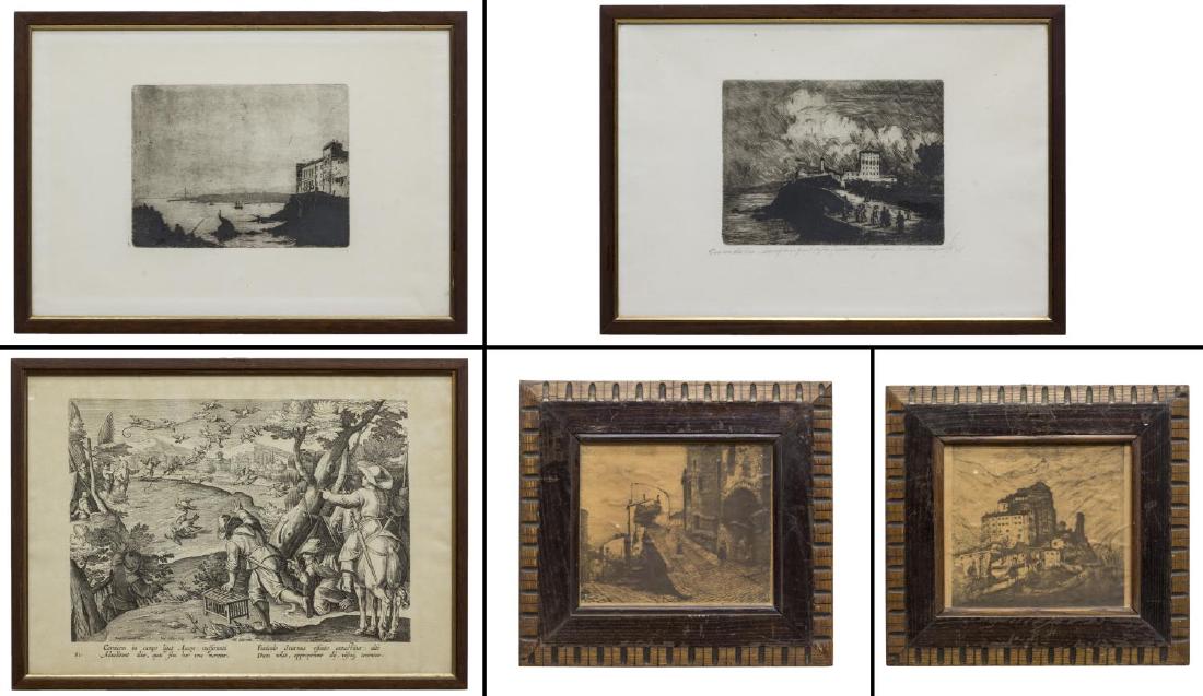 (5) GROUP OF 20TH C. FRAMED ENGRAVING PRINTS: (lot of 5) Framed prints, 19th c., including: (1) engraving print, Italian Seascape, handwriting in Italian underneath, gilt trim to frame, slight spotting to paper, approx 14.5"h, 20.5"w; (1) engravi