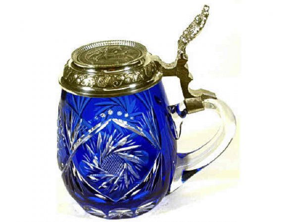 GERMAN COBALT BLUE CUT GLASS BEER STEIN