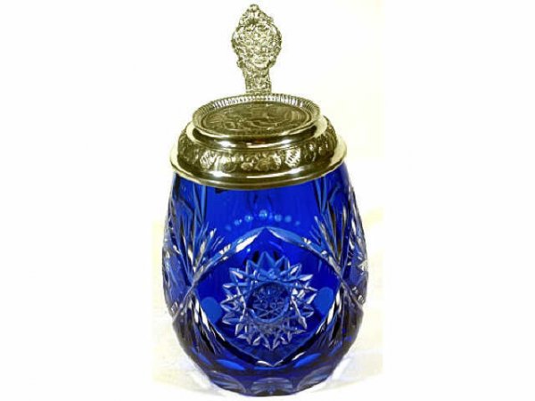 GERMAN COBALT BLUE CUT GLASS BEER STEIN - 4