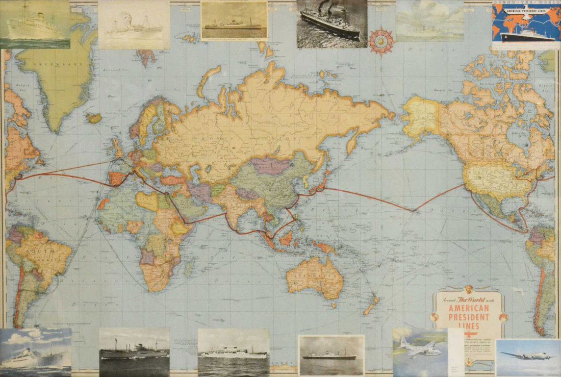 FRAMED MAP "AROUND THE WORLD... PRSIDENT LINES": Framed geographic map, 20th c., "Around The World With American President Lines," includes twelve small prints of ocean liners and airplanes, sight: approx 31.25"h, 45.75"w, overall: 34"h, 48.5"w