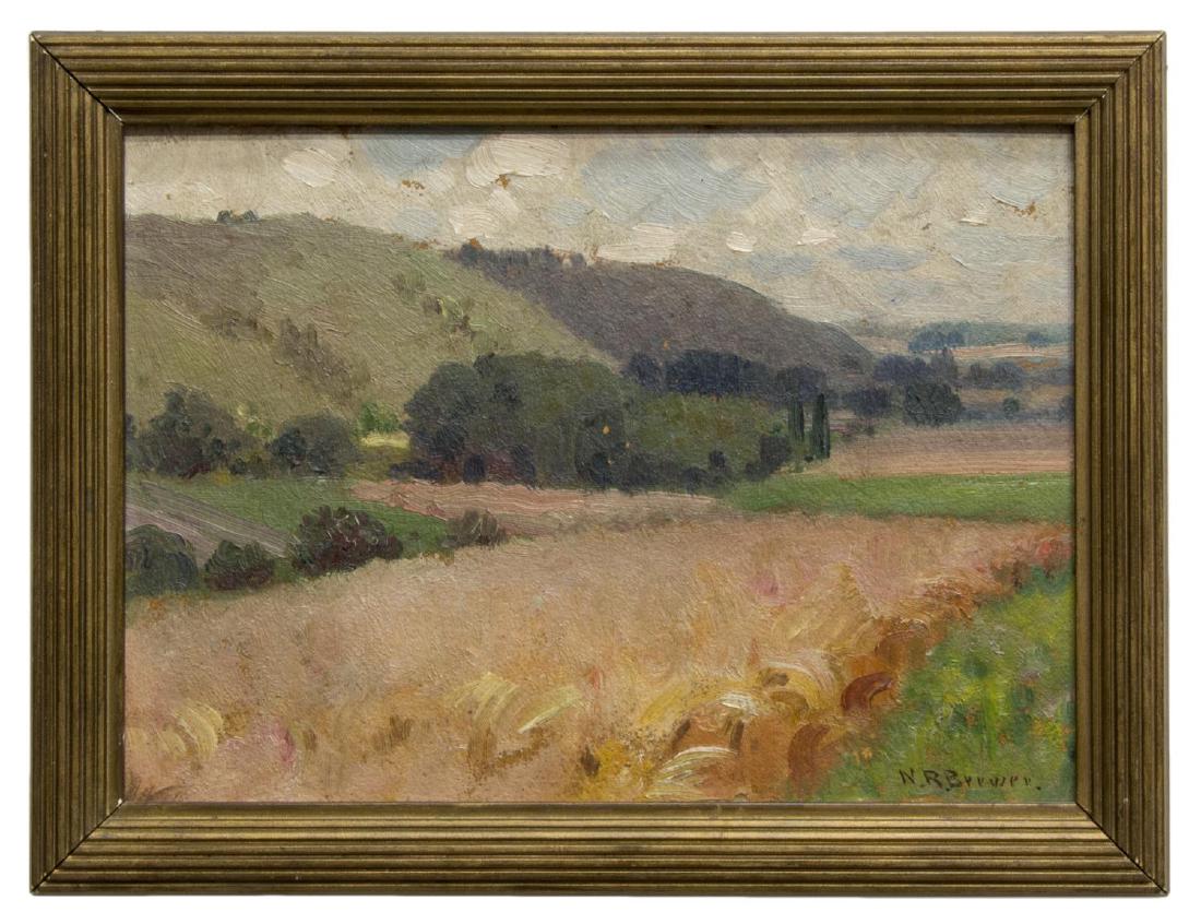 NICHOLAS R. BREWER (1857-1949) FRAMED LANDSCAPE: Framed oil painting on art board, Landscape, Fields & Hills, signed lower right N.R. Brewer (Nicholas Richard Brewer, Minnesota, Texas, 1857-1949), sight: 7.5"h, 10.5"w, overall: 9.75"h, 12.75"w, Star