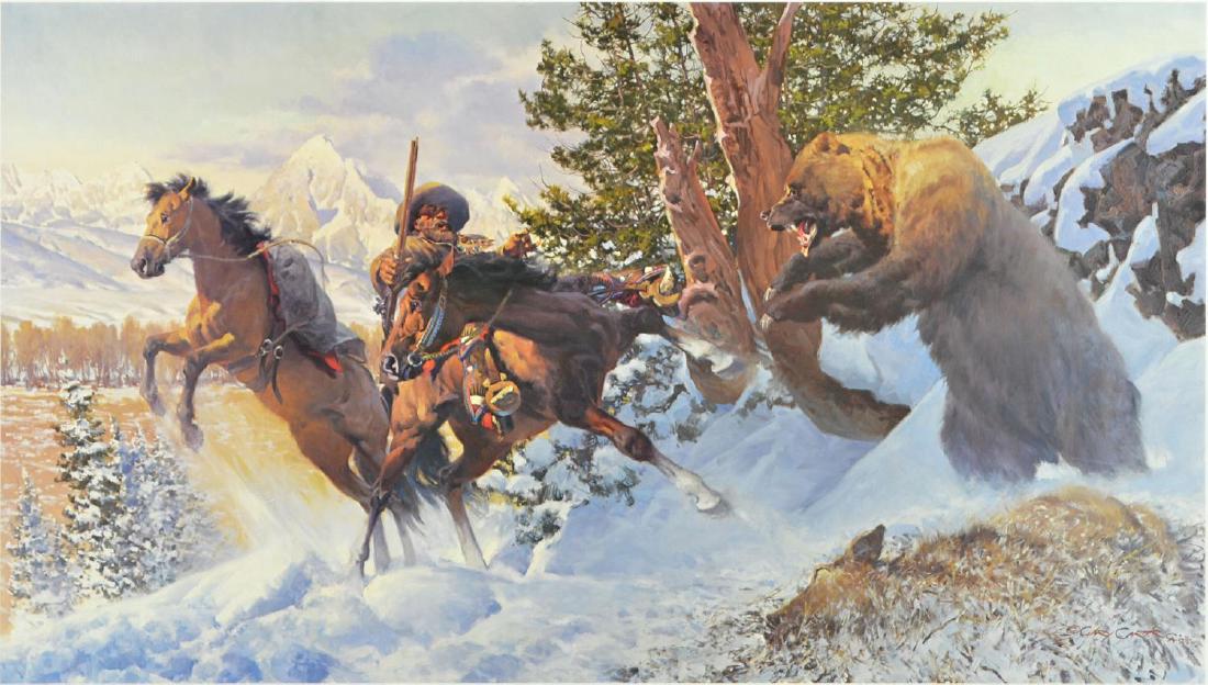 GARY CARTER, WESTERN LIMITED EDITION PRINT: Framed signed limited edition print "Rocky Mountain Air Corp", pencil signed lower right Gary Carter (Montana, Arizona, Kansas, b. 1939), numbered 516 of 850, sight: sight: 20"h, 30"w, overall: 28.75"