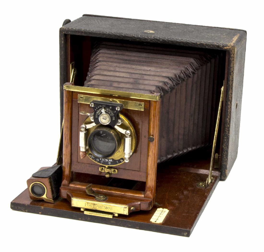 PONY PREMO B CAMERA, C. 1900, ACCESSORIES: Pony Premo No. B folding leather bellows camera by Rochester Optical Company, SN 146XXX, 4" x 5" format, manufactured 1895-1901, mahogany interior, Bausch & Lomb lens, Victor shutter, view finder, two
