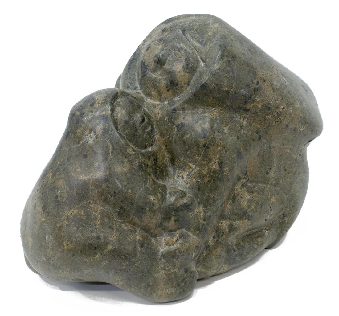 LARGE INUIT FIGURAL STONE CARVING, 1976: Large Inuit figural stone carving, Mother and Child, illegible initials (? PC) and dated 1976 underfoot, intact with possible restoration, some hairlines, approx 10.5"h, 13"l, 9"w, 48.5lbs Start Price