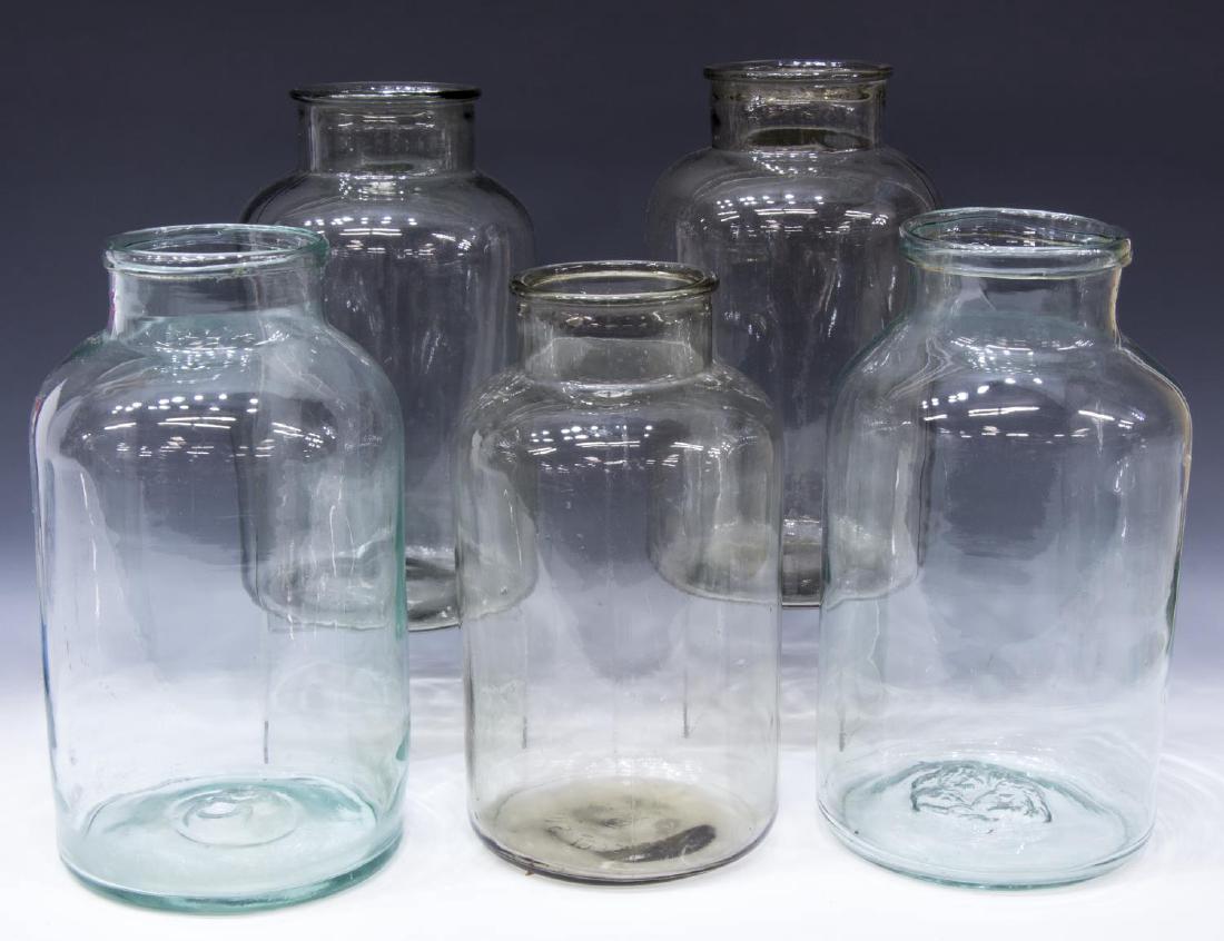 (5) LARGE HANDBLOWN & MOLDED GLASS JARS
